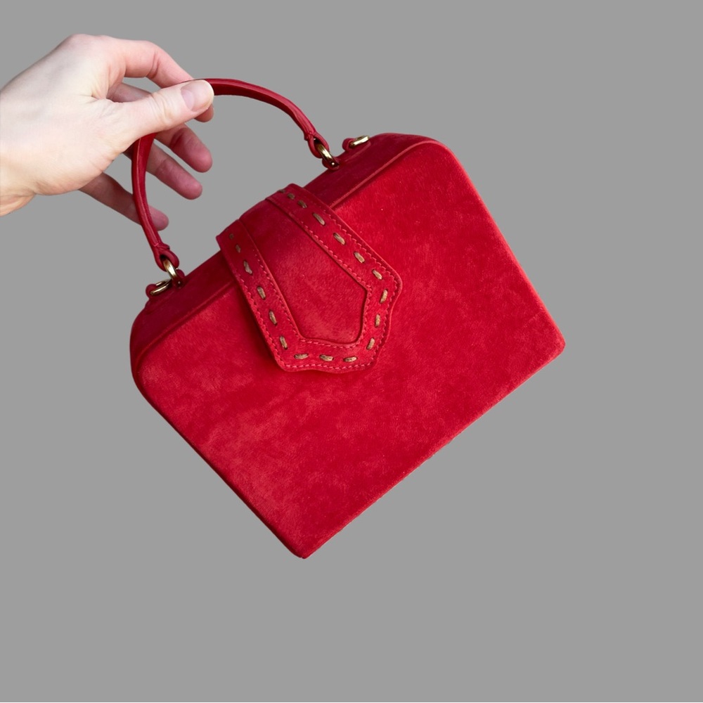 MEHRY MU Red Suede Fey Box Bag Classic Stitched Top Handle Crossbody Bag - Picture 12 of 15